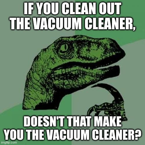 Philosoraptor Meme | IF YOU CLEAN OUT THE VACUUM CLEANER, DOESN'T THAT MAKE YOU THE VACUUM CLEANER? | image tagged in memes,philosoraptor | made w/ Imgflip meme maker