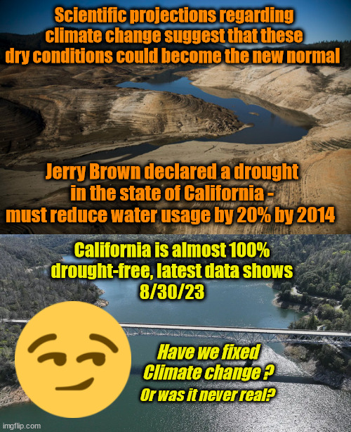 Scientific projections regarding climate change suggest that these dry conditions could become the new normal; Jerry Brown declared a drought in the state of California - must reduce water usage by 20% by 2014; California is almost 100% 
drought-free, latest data shows

8/30/23; Have we fixed Climate change ? Or was it never real? | image tagged in climate change,conspiracy theories | made w/ Imgflip meme maker