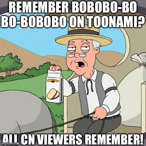 Pepperidge Farm Remembers | REMEMBER BOBOBO-BO BO-BOBOBO ON TOONAMI? ALL CN VIEWERS REMEMBER! | image tagged in memes,pepperidge farm remembers | made w/ Imgflip meme maker
