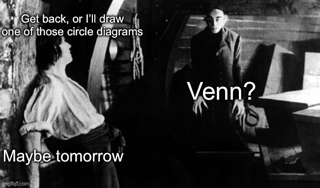 Nosferatu is afraid of? | Get back, or I’ll draw one of those circle diagrams; Venn? Maybe tomorrow | image tagged in nosferatu,venn diagram | made w/ Imgflip meme maker