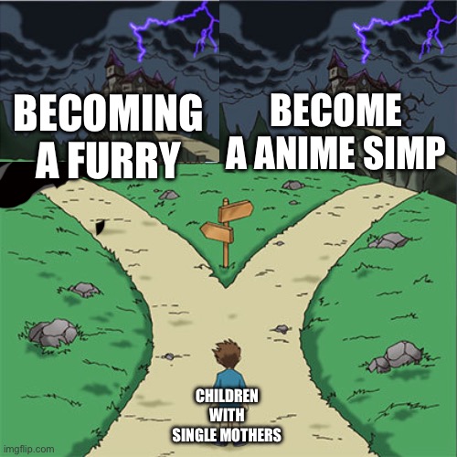 There is only dispare | BECOME A ANIME SIMP; BECOMING A FURRY; CHILDREN WITH SINGLE MOTHERS | image tagged in two paths | made w/ Imgflip meme maker
