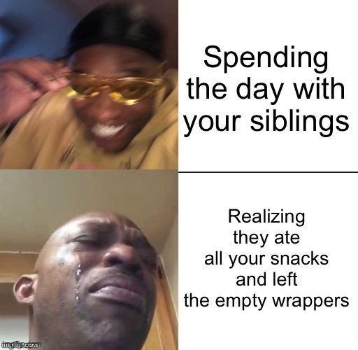 Fax | Spending the day with your siblings; Realizing they ate all your snacks and left the empty wrappers | image tagged in wearing sunglasses crying | made w/ Imgflip meme maker