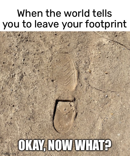 leave your mark | When the world tells you to leave your footprint; OKAY, NOW WHAT? | image tagged in funny,leave your footprint,meme | made w/ Imgflip meme maker