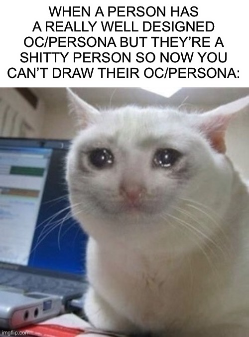 Artist pain QmQ | WHEN A PERSON HAS A REALLY WELL DESIGNED OC/PERSONA BUT THEY’RE A SHITTY PERSON SO NOW YOU CAN’T DRAW THEIR OC/PERSONA: | image tagged in crying cat,memes,art memes,relatable,twitter,true story | made w/ Imgflip meme maker