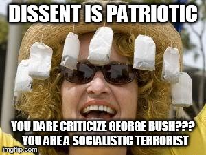Tea Party | DISSENT IS PATRIOTIC YOU DARE CRITICIZE GEORGE BUSH???  YOU ARE A SOCIALISTIC TERRORIST | image tagged in tea party | made w/ Imgflip meme maker
