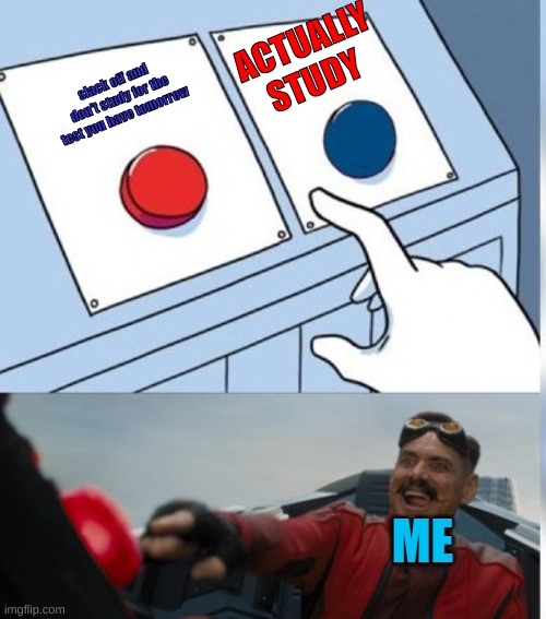 Two Buttons Eggman | ACTUALLY STUDY; slack off and don't study for the test you have tomorrow; ME | image tagged in two buttons eggman | made w/ Imgflip meme maker