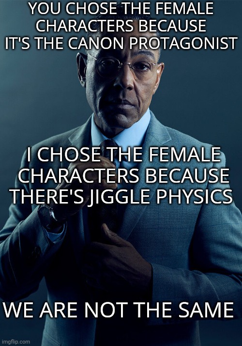 A boring game becomes pretty tolerable with jiggle physics | YOU CHOSE THE FEMALE CHARACTERS BECAUSE IT'S THE CANON PROTAGONIST; I CHOSE THE FEMALE CHARACTERS BECAUSE THERE'S JIGGLE PHYSICS; WE ARE NOT THE SAME | image tagged in gus fring we are not the same,relatable,memes | made w/ Imgflip meme maker
