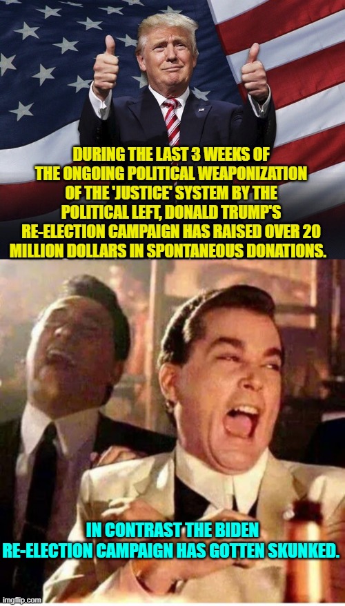 That's called Karma leftists. | DURING THE LAST 3 WEEKS OF THE ONGOING POLITICAL WEAPONIZATION OF THE 'JUSTICE' SYSTEM BY THE POLITICAL LEFT, DONALD TRUMP'S RE-ELECTION CAMPAIGN HAS RAISED OVER 20 MILLION DOLLARS IN SPONTANEOUS DONATIONS. IN CONTRAST THE BIDEN RE-ELECTION CAMPAIGN HAS GOTTEN SKUNKED. | image tagged in donald trump thumbs up | made w/ Imgflip meme maker