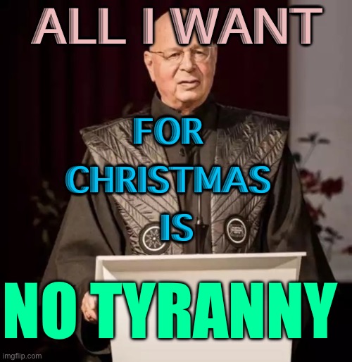 All I Want For Christmas Is… | ALL I WANT; FOR 
CHRISTMAS 
IS; NO TYRANNY | image tagged in klaus schwab villain | made w/ Imgflip meme maker