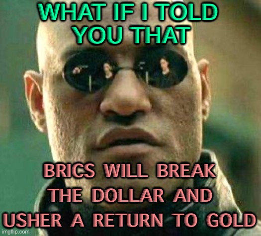 BRICS will break the dollar | WHAT IF I TOLD 
YOU THAT; BRICS WILL BREAK THE DOLLAR AND USHER A RETURN TO GOLD | image tagged in what if i told you | made w/ Imgflip meme maker