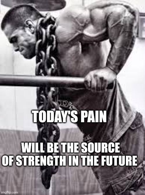 bodybuilding | TODAY'S PAIN; WILL BE THE SOURCE OF STRENGTH IN THE FUTURE | image tagged in bodybuilding | made w/ Imgflip meme maker