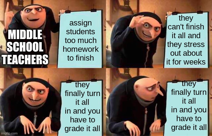 Gru's Plan | they can't finish it all and they stress out about it for weeks; assign students too much homework to finish; MIDDLE SCHOOL TEACHERS; they finally turn it all in and you have to grade it all; they finally turn it all in and you have to grade it all | image tagged in memes,gru's plan | made w/ Imgflip meme maker