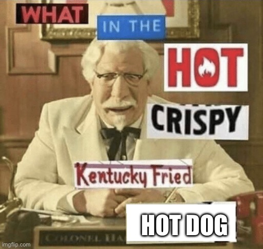 Hot dog | HOT DOG | image tagged in what in the hot crispy kentucky fried frick,hot dog | made w/ Imgflip meme maker