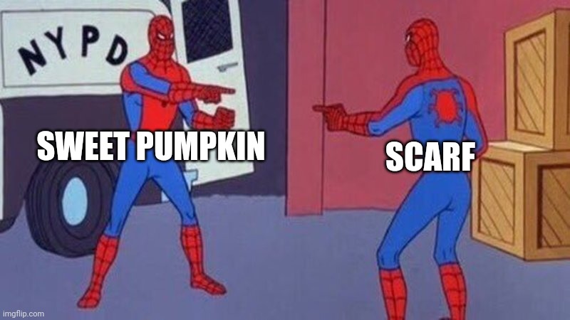 spiderman pointing at spiderman | SWEET PUMPKIN SCARF | image tagged in spiderman pointing at spiderman | made w/ Imgflip meme maker