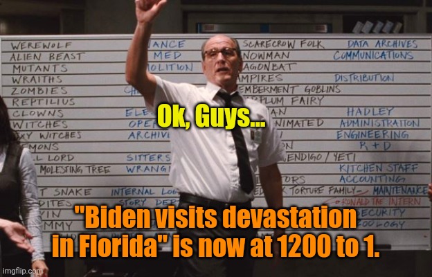 Place your bets, Ladies 'n Gentlemen. | Ok, Guys... "Biden visits devastation in Florida" is now at 1200 to 1. | image tagged in cabin the the woods | made w/ Imgflip meme maker
