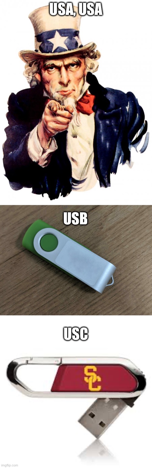 US… | USA, USA; USB; USC | image tagged in memes,uncle sam,lost usb drive,usc | made w/ Imgflip meme maker
