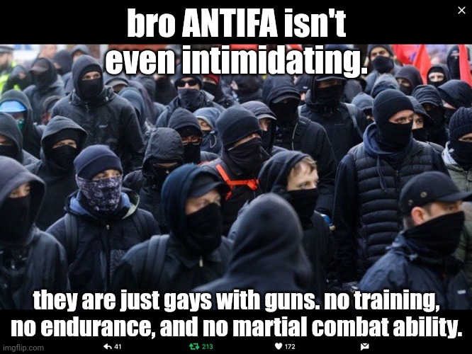 Antifa | bro ANTIFA isn't even intimidating. they are just gays with guns. no training, no endurance, and no martial combat ability. | image tagged in antifa | made w/ Imgflip meme maker