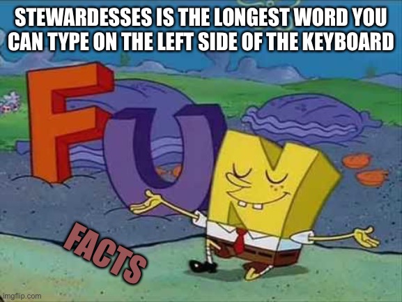 Prove it wrong | STEWARDESSES IS THE LONGEST WORD YOU CAN TYPE ON THE LEFT SIDE OF THE KEYBOARD; FACTS | image tagged in fun spongebob | made w/ Imgflip meme maker