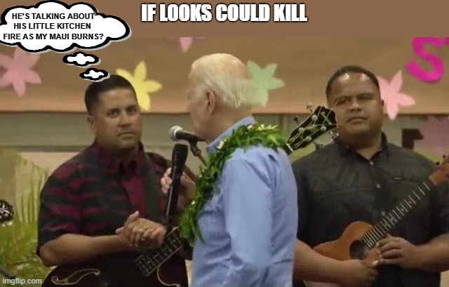 Another Biden Embarrassment | IF LOOKS COULD KILL; HE'S TALKING ABOUT HIS LITTLE KITCHEN 
FIRE AS MY MAUI BURNS? | image tagged in biden,maui,kitchen fire | made w/ Imgflip meme maker