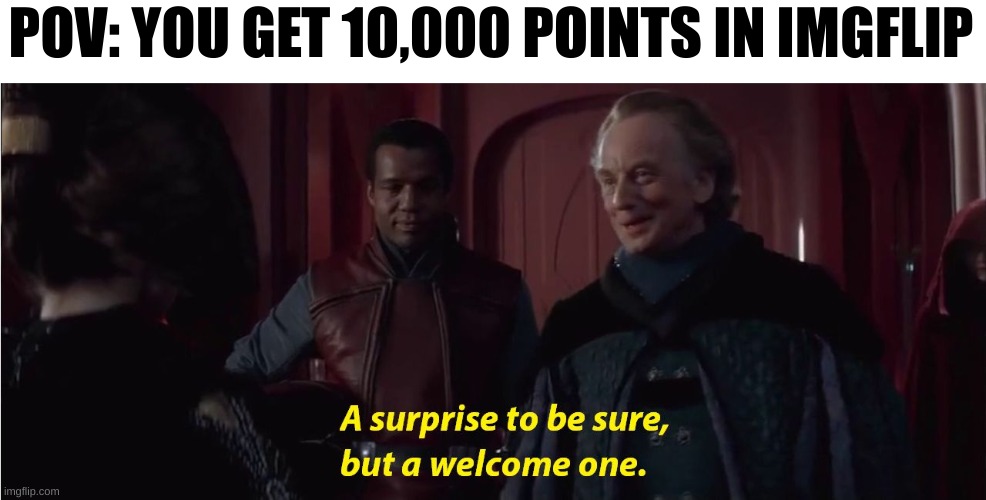 ay 10k points | POV: YOU GET 10,000 POINTS IN IMGFLIP | image tagged in a suprise to be sure but a welcome one | made w/ Imgflip meme maker