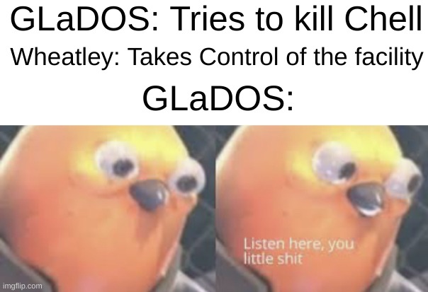 Listen here you little shit bird | GLaDOS: Tries to kill Chell; Wheatley: Takes Control of the facility; GLaDOS: | image tagged in listen here you little shit bird | made w/ Imgflip meme maker