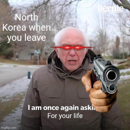 Lil Kimmy | North Korea when you leave; For your life | image tagged in memes,bernie i am once again asking for your support,north korea | made w/ Imgflip meme maker
