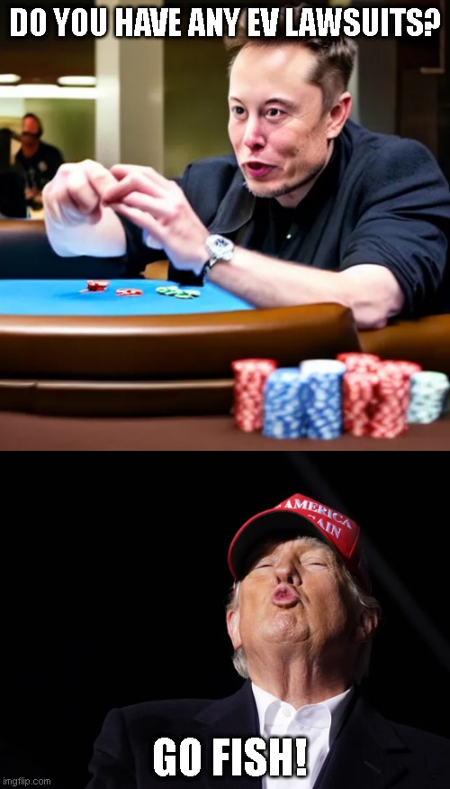 Comparing Lawsuits - Elon vs Trump | DO YOU HAVE ANY EV LAWSUITS? GO FISH! | image tagged in lawsuit,lawsuits,competition,gofish | made w/ Imgflip meme maker