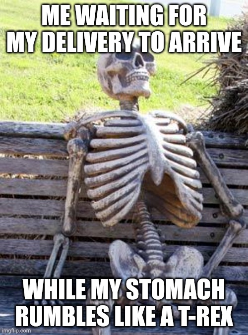 Waiting Skeleton | ME WAITING FOR MY DELIVERY TO ARRIVE; WHILE MY STOMACH RUMBLES LIKE A T-REX | image tagged in memes,waiting skeleton | made w/ Imgflip meme maker