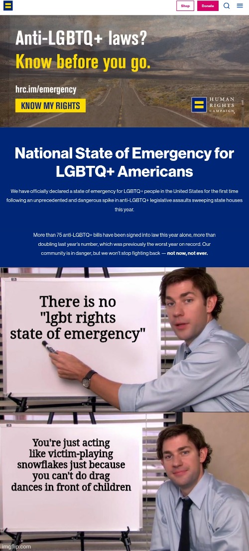 The groomers play victim when they can't be perverted in front of children | There is no "lgbt rights state of emergency"; You're just acting like victim-playing snowflakes just because you can't do drag dances in front of children | image tagged in jim halpert explains,lgbtq,liberal logic,stupid liberals,groomers | made w/ Imgflip meme maker