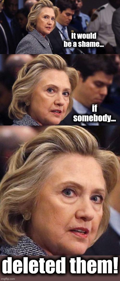 Would Be a Shame if Someone Deleted it Hillary Clinton | It would be a shame... deleted them! if somebody... | image tagged in would be a shame if someone deleted it hillary clinton | made w/ Imgflip meme maker