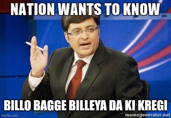 Nation wants to know Arnab | BILLO BAGGE BILLEYA DA KI KREGI | image tagged in nation wants to know arnab,billo bagge bileya da ki kregi,billo | made w/ Imgflip meme maker