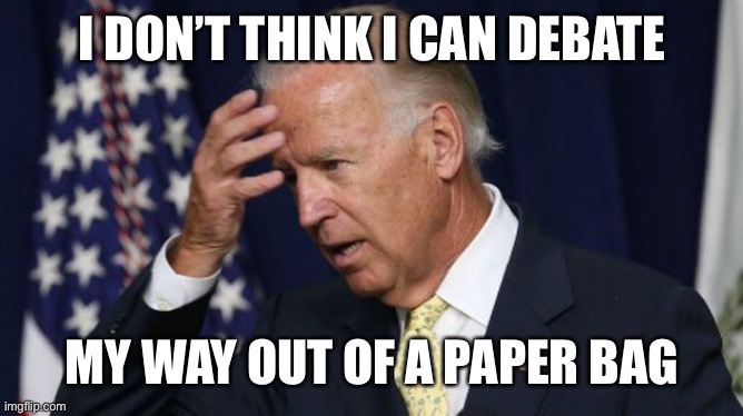 Joe Biden worries | I DON’T THINK I CAN DEBATE MY WAY OUT OF A PAPER BAG | image tagged in joe biden worries | made w/ Imgflip meme maker
