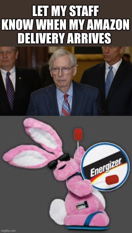 With all due respect for Mitch’s medical condition. | LET MY STAFF KNOW WHEN MY AMAZON DELIVERY ARRIVES | image tagged in mitch mcconnell freezes up,energizer bunny | made w/ Imgflip meme maker
