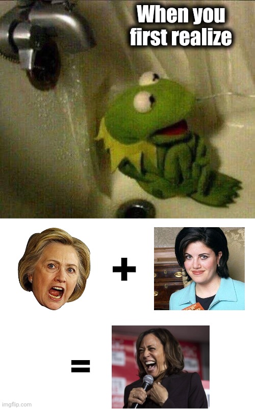 Stop the planet.  I want to get off now! | When you first realize; +; = | image tagged in kermit crying terrified in shower,hillary clinton,monica lewinsky,kamala harris,democrats,memes | made w/ Imgflip meme maker