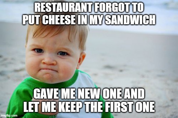 Lucky break | RESTAURANT FORGOT TO PUT CHEESE IN MY SANDWICH; GAVE ME NEW ONE AND LET ME KEEP THE FIRST ONE | image tagged in memes,success kid original,restaurant,sandwich,free stuff,cheese | made w/ Imgflip meme maker
