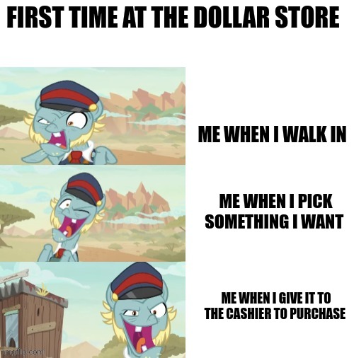 When I go to the dollar store | FIRST TIME AT THE DOLLAR STORE; ME WHEN I WALK IN; ME WHEN I PICK SOMETHING I WANT; ME WHEN I GIVE IT TO THE CASHIER TO PURCHASE | image tagged in the end of the line | made w/ Imgflip meme maker