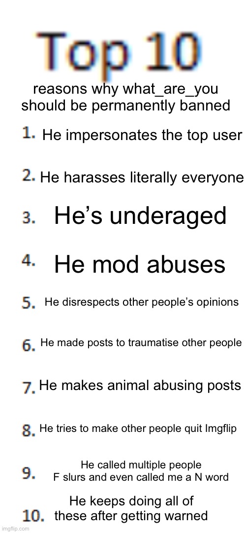 I’m done. 25 upvotes in the next 3 days and I post this in fun stream, 50 and I send it to sitemods | reasons why what_are_you should be permanently banned; He impersonates the top user; He harasses literally everyone; He’s underaged; He mod abuses; He disrespects other people’s opinions; He made posts to traumatise other people; He makes animal abusing posts; He tries to make other people quit Imgflip; He called multiple people F slurs and even called me a N word; He keeps doing all of these after getting warned | image tagged in top 10 list | made w/ Imgflip meme maker