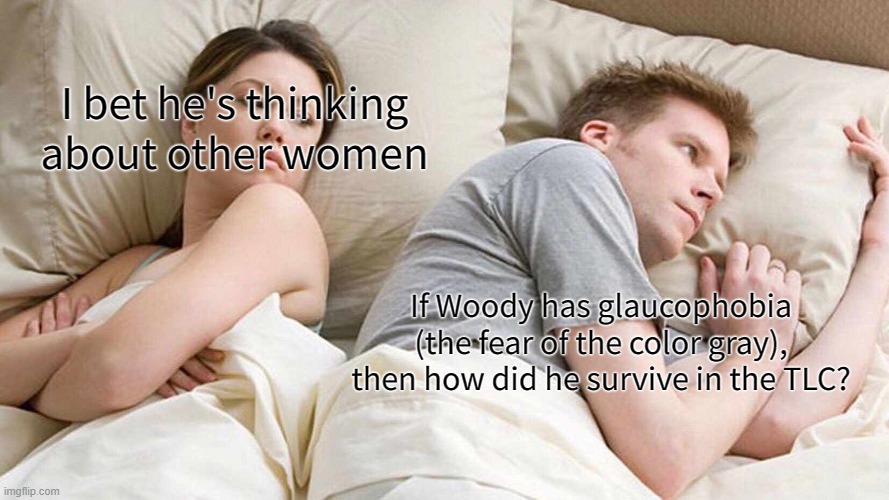 Meme I Made #7 | I bet he's thinking about other women; If Woody has glaucophobia (the fear of the color gray), then how did he survive in the TLC? | image tagged in memes,i bet he's thinking about other women,bfdi | made w/ Imgflip meme maker