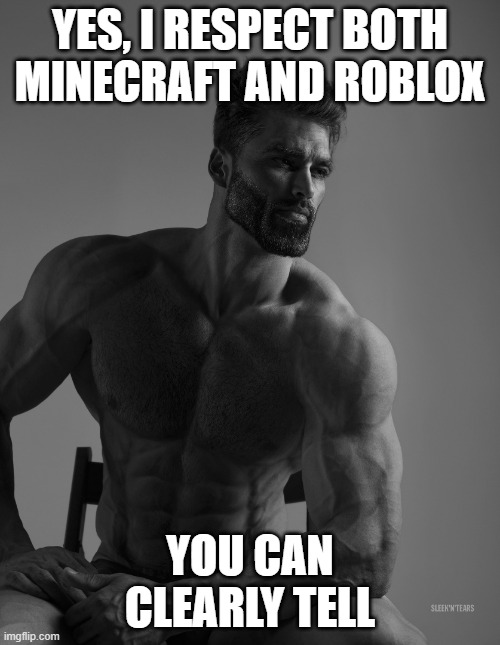pls dont be mad at me | YES, I RESPECT BOTH MINECRAFT AND ROBLOX; YOU CAN CLEARLY TELL | image tagged in giga chad,minecraft,roblox | made w/ Imgflip meme maker