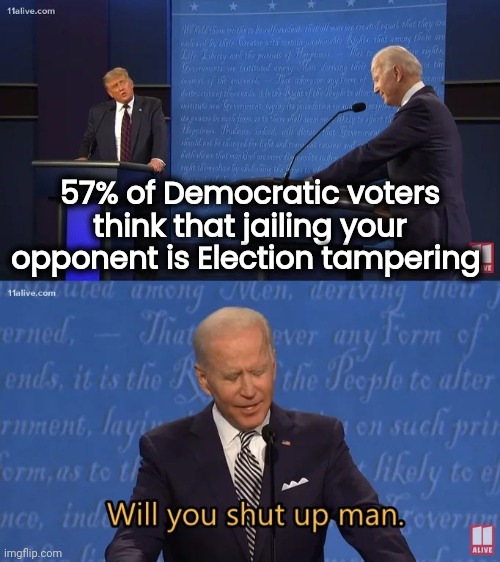 Biden - Will you shut up man | 57% of Democratic voters think that jailing your opponent is Election tampering | image tagged in biden - will you shut up man | made w/ Imgflip meme maker