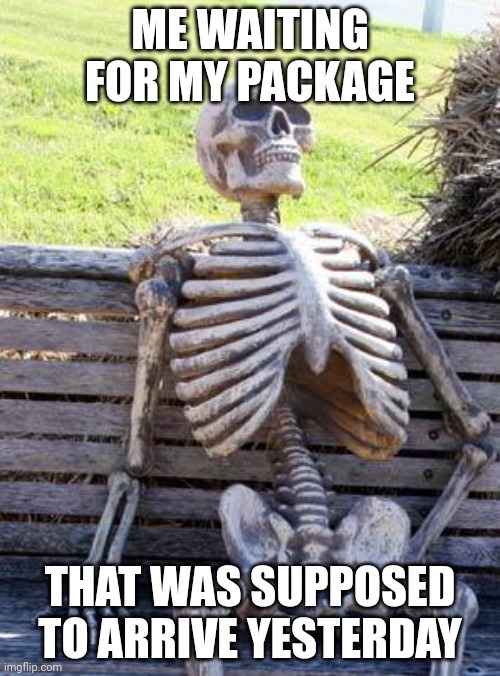 Waiting Skeleton | ME WAITING FOR MY PACKAGE; THAT WAS SUPPOSED TO ARRIVE YESTERDAY | image tagged in memes,waiting skeleton | made w/ Imgflip meme maker