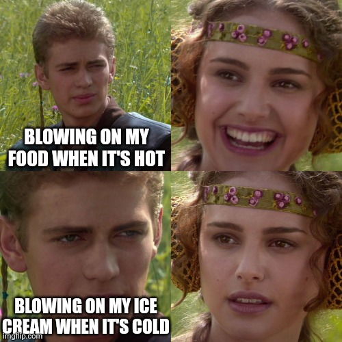 Hasn't this happened to most of us щ(`Д´щ;) | BLOWING ON MY FOOD WHEN IT'S HOT; BLOWING ON MY ICE CREAM WHEN IT'S COLD | image tagged in anakin padme 4 panel | made w/ Imgflip meme maker