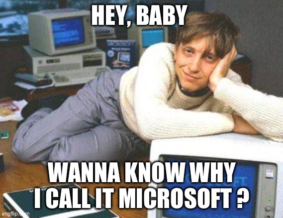 Bill gates sexy | HEY, BABY; WANNA KNOW WHY I CALL IT MICROSOFT ? | image tagged in bill gates sexy,microsoft | made w/ Imgflip meme maker