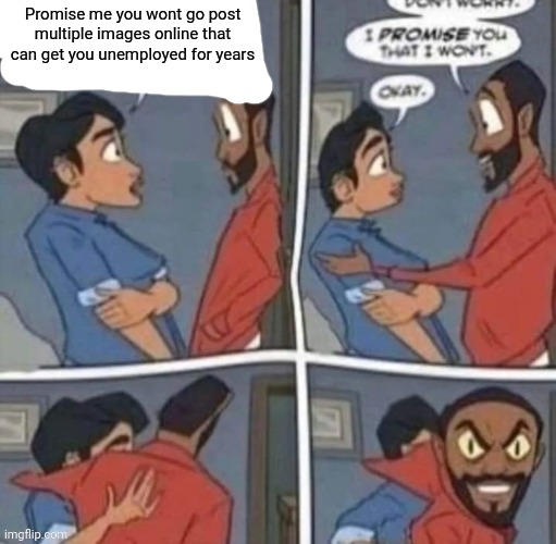 promise me you wont blank | Promise me you wont go post multiple images online that can get you unemployed for years | image tagged in promise me you wont blank | made w/ Imgflip meme maker