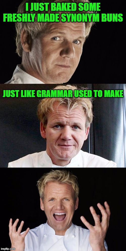 Bad Pun Chef | I JUST BAKED SOME FRESHLY MADE SYNONYM BUNS; JUST LIKE GRAMMAR USED TO MAKE | image tagged in bad pun chef | made w/ Imgflip meme maker