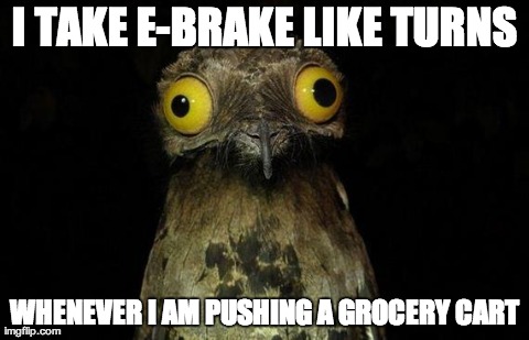 Weird Stuff I Do Potoo Meme | I TAKE E-BRAKE LIKE TURNS WHENEVER I AM PUSHING A GROCERY CART | image tagged in memes,weird stuff i do potoo,AdviceAnimals | made w/ Imgflip meme maker