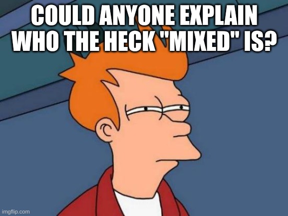 Futurama Fry | COULD ANYONE EXPLAIN WHO THE HECK "MIXED" IS? | image tagged in memes,futurama fry | made w/ Imgflip meme maker