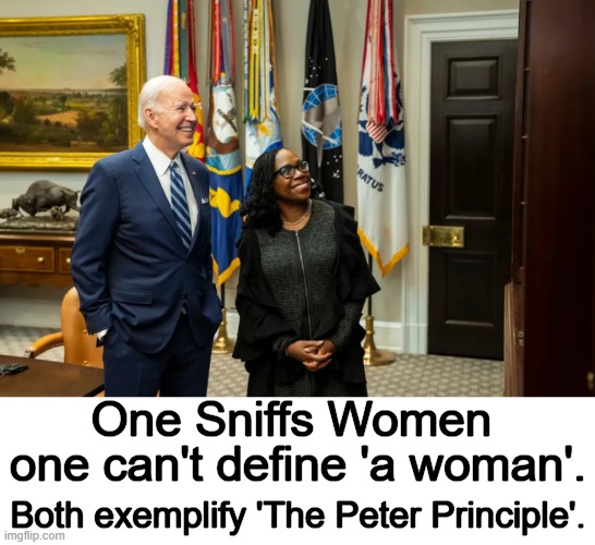 Not Our Best and Brightest | One Sniffs Women; one can't define 'a woman'. Both exemplify 'The Peter Principle'. | image tagged in politics,political humor,the peter principle,joe biden,justice jackson,women | made w/ Imgflip meme maker