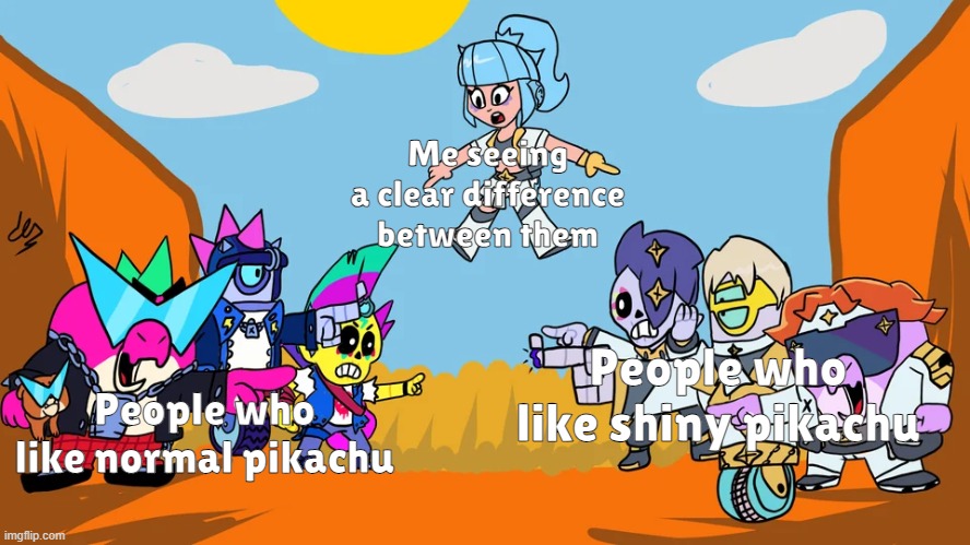 I can't be the only one who sees a clear difference | Me seeing a clear difference between them; People who like shiny pikachu; People who like normal pikachu | image tagged in bad randoms vs good randoms,pokemon,shiny pokemon | made w/ Imgflip meme maker