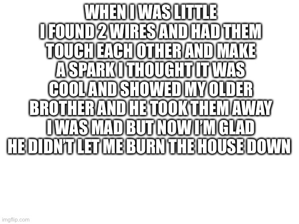 I will kill my self one day | WHEN I WAS LITTLE I FOUND 2 WIRES AND HAD THEM TOUCH EACH OTHER AND MAKE A SPARK I THOUGHT IT WAS COOL AND SHOWED MY OLDER BROTHER AND HE TOOK THEM AWAY I WAS MAD BUT NOW I’M GLAD HE DIDN’T LET ME BURN THE HOUSE DOWN | image tagged in dumb,true story | made w/ Imgflip meme maker